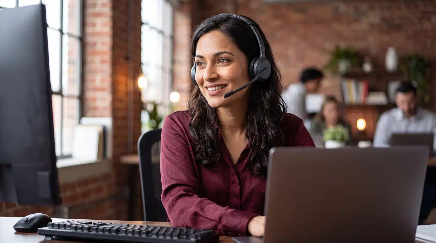 NOVA support specialist wearing a headset at her desk