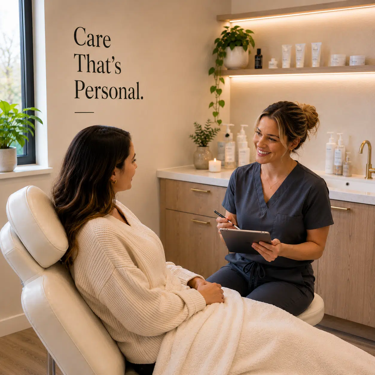 Med spa practitioner reviewing treatment notes on a tablet with a client in a treatment room