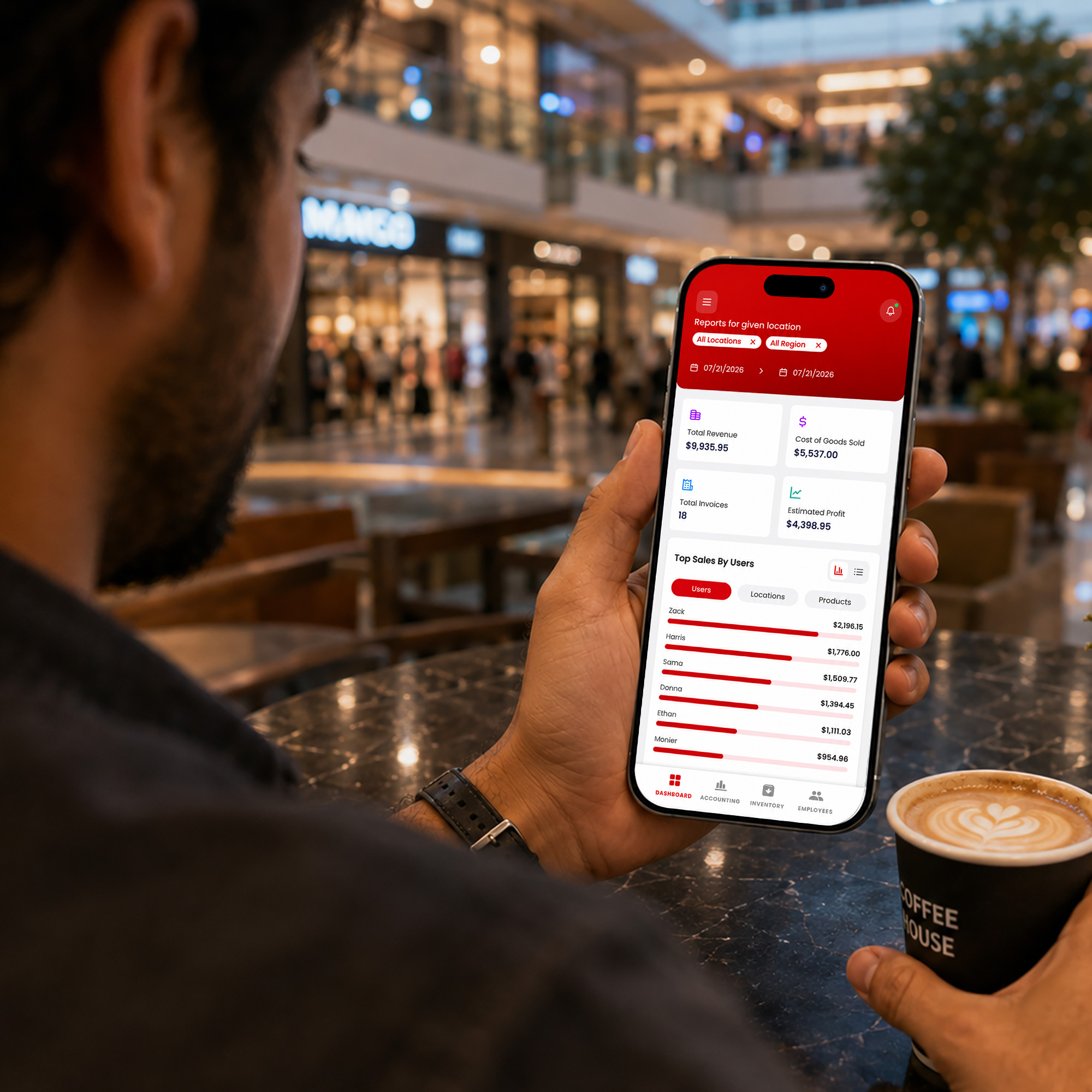 Retailer checking NOVA's mobile dashboard on a phone away from the store, showing revenue, cost of goods and top sales by employee