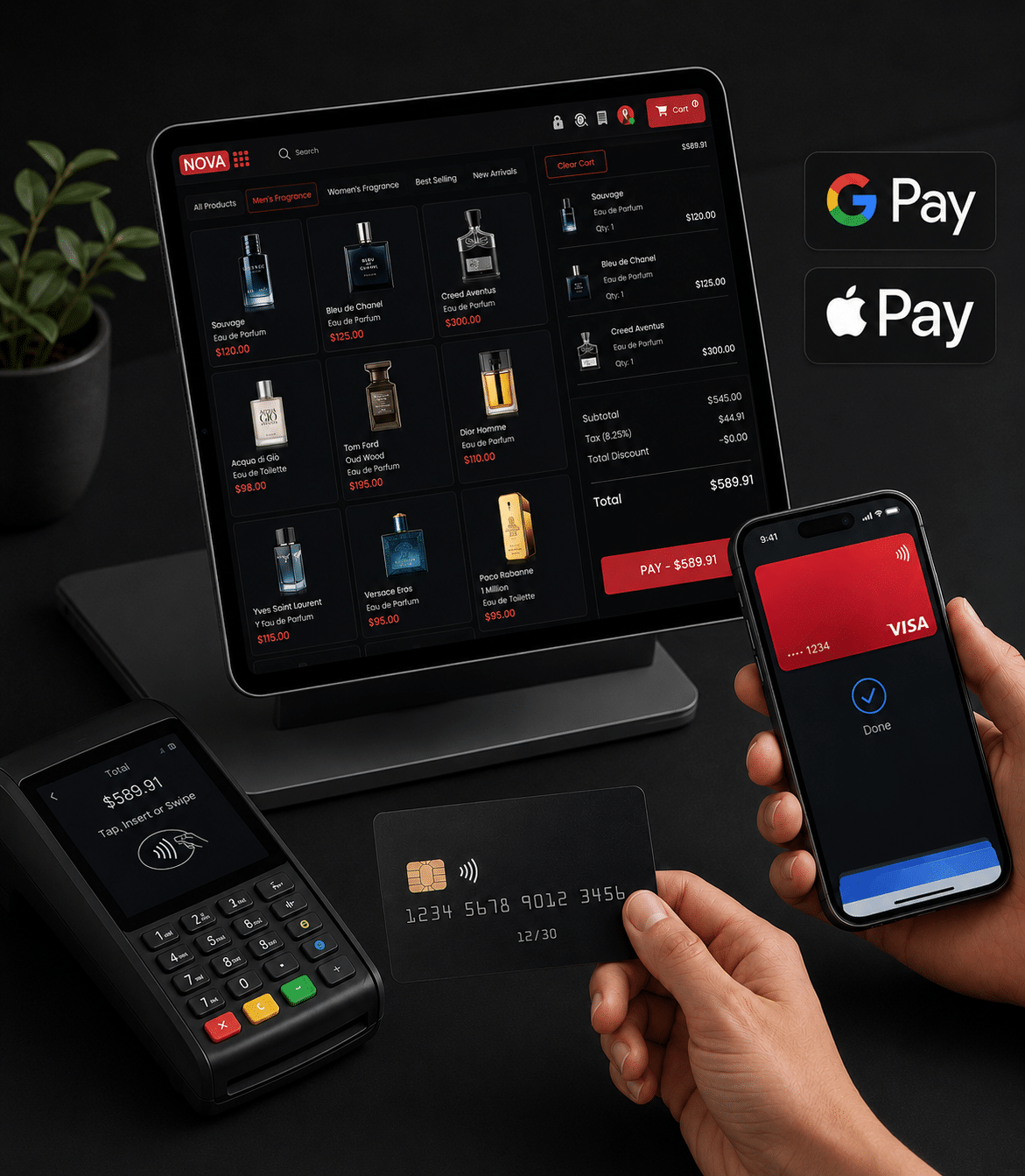 NOVA POS checkout on a tablet with a fragrance order total, beside a card terminal and a phone making a contactless payment