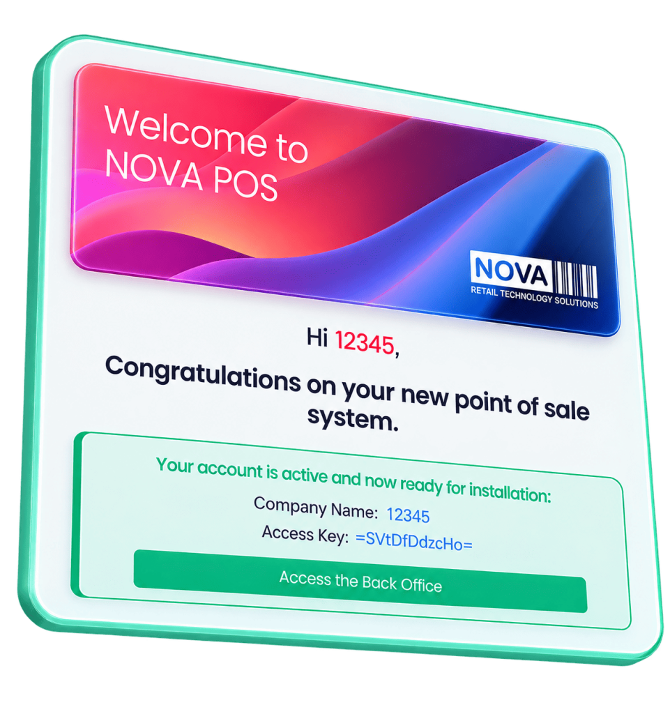 NOVA POS welcome email showing company name, access key and Storefront download link