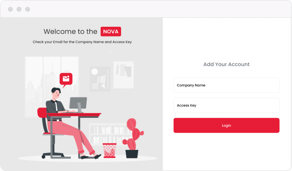 NOVA POS Add Company Account screen with Company Name and Access Key fields