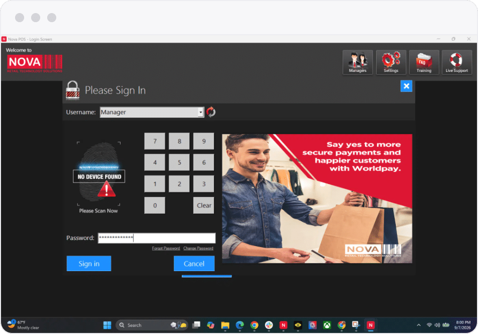 NOVA sign-in screen for entering your user password